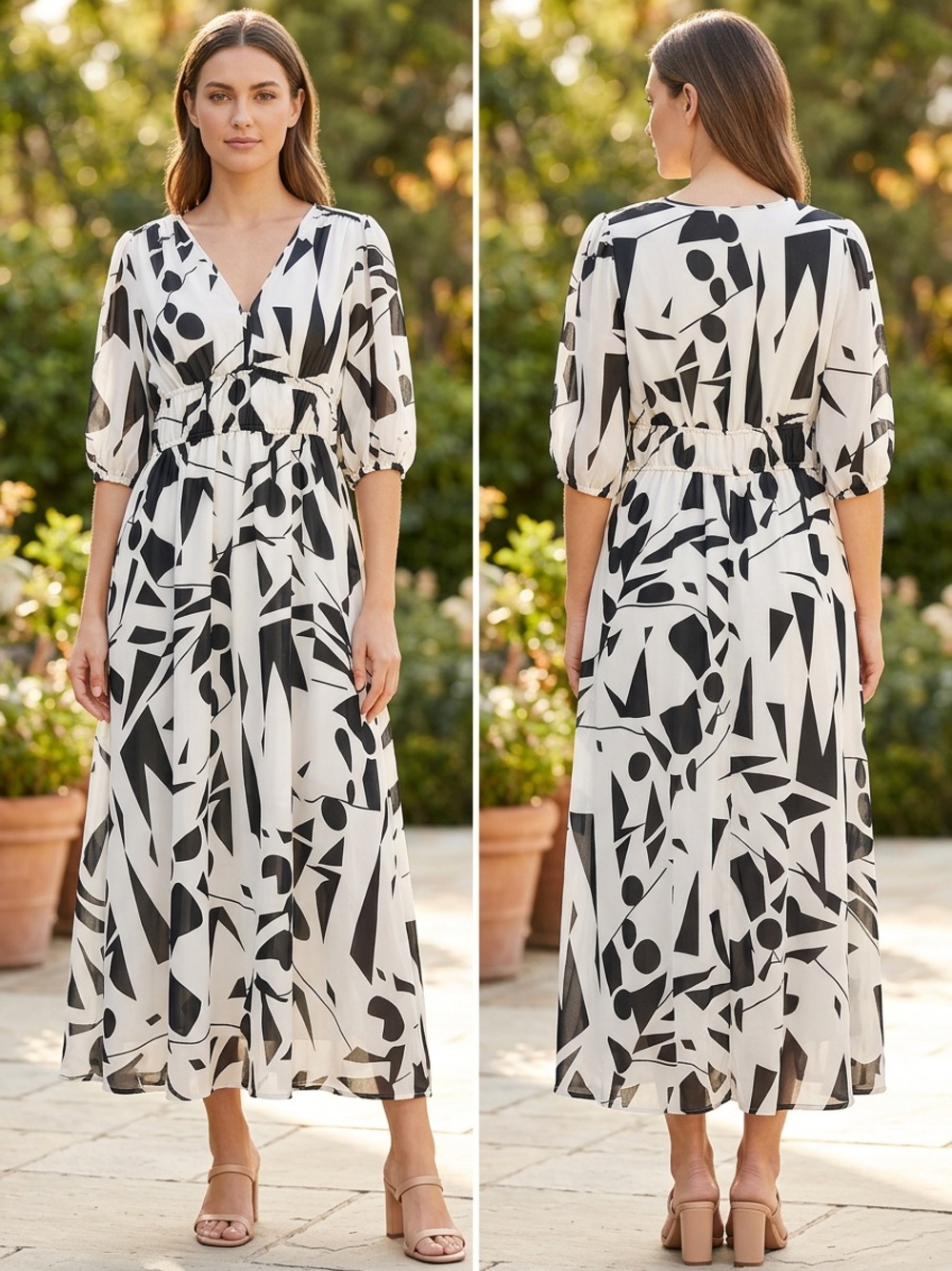 Women's Black & White Abstract Midi Dress